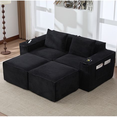 Divano modulare 2 posti in velluto a coste nero con 2 pouf, portabicchieri e tasche laterali (1/5)