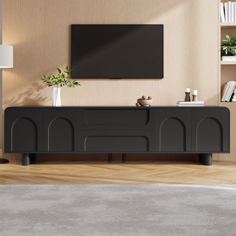 Mueble tv bajo 180x40x46 cm para salón con 4 puertas y 2 cajones diseño moderno esquinas redondeadas madera mdf pasacables mesa auxiliar aparador negro (1/5)