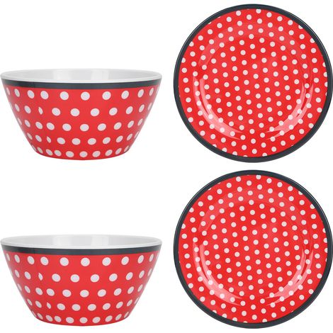 Lot de 4 assiettes à salade rouges à pois, porcelaine imitation, assiettes de service pour fruits, gâteaux, cuisine (1/5)