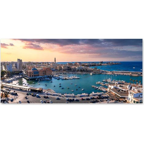 Lupia - Quadro moderno su Tela Canvas DEEP 65X143 cm, con paesaggi e localismi italiani, per casa, soggiorno, capezzale camera da letto, hotel, ufficio, PUGLIA - BARI PANORAMA PORTO (1/4)