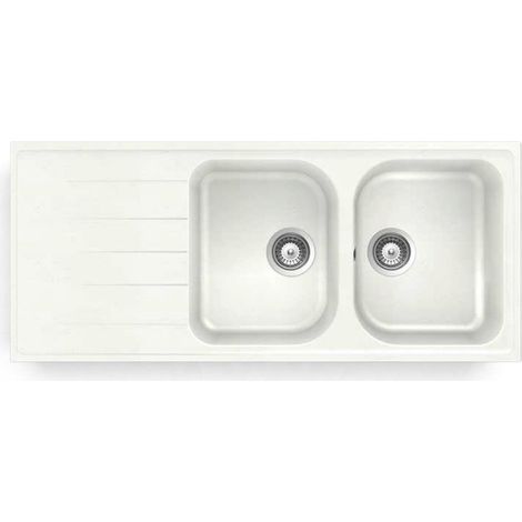 Lavello sintetico due vasche con gocciolatoio a incasso bianco 116x50 cm montabile doppio verso (1/5)