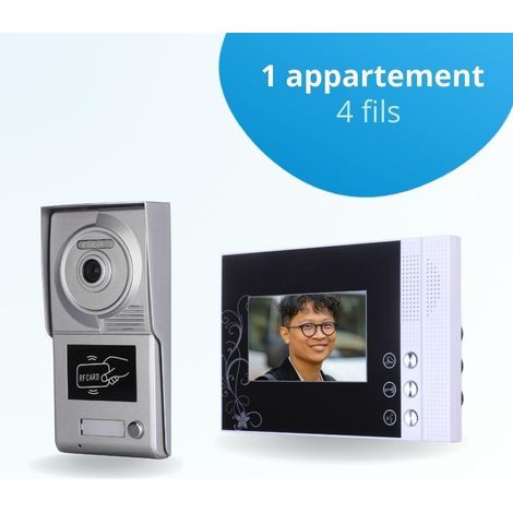 Portier interphone vidéo CLASSIC 4 Fils - 1 appartement - 1 écran noir - avec lecteur de badge