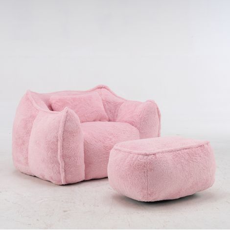 Großer Sitzsack-Sessel für Erwachsene und Kinder aus Kunstfell mit Kissen und Hocker, rosa (1/5)
