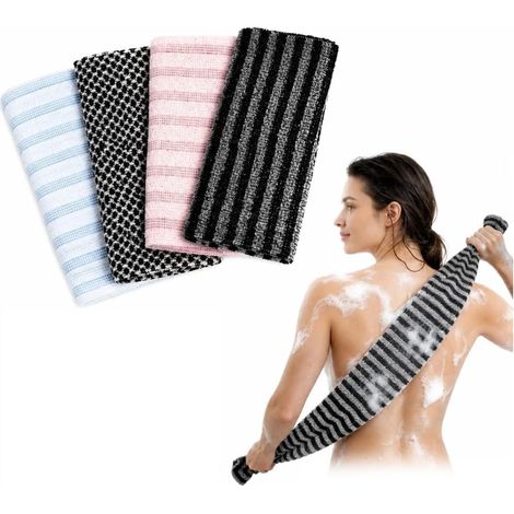 Set di 4 asciugamani esfolianti da doccia, 100 x 24 cm, asciugamano esfoliante double-face, morbido e ruvido, ad alta elasticità, per uomo e donna. (1/5)