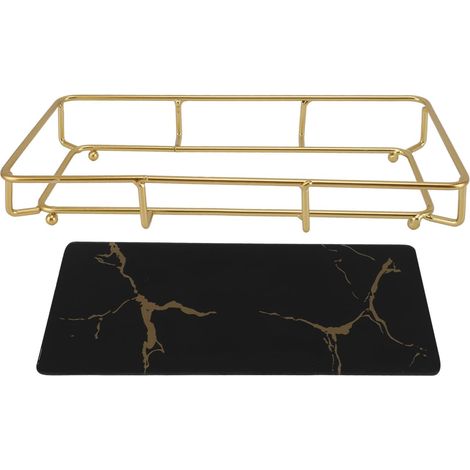 Plateau de vanité de Salle de Bain élégant Moderne, Organisateur de Rangement de Comptoir avec Conception Antidérapante, en Fer et Verre, Facilement Nettoyée, pour L'évier de la'S Noir'-