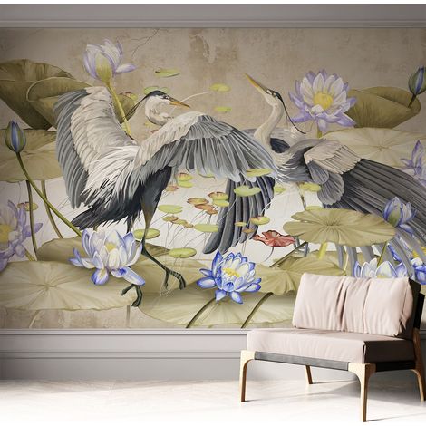 Fototapete Selbstklebend - Büro Wandgestaltung - Wanddekoration Wohnzimmer Vögel und Lilien 312x219 cm (1/5)