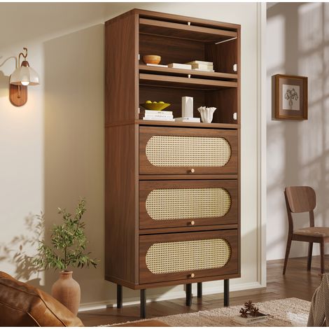 Aparador alto nogal con ratán 80 x 40 x 163 cm, 5 puertas abatibles, patas metálicas (1/5)