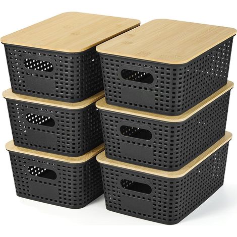 Boîte de Rangement en Plastique avec Couvercle en Bambou, Boîte Empilable, Boîte Pour Ranger Dans Étagères, Tiroirs, Bureau, Armoires, Salles de Jeu et Bureaux, Set de 6, Noir (1/5)