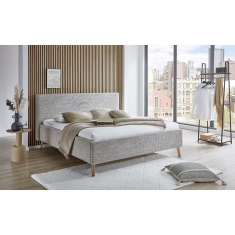 Meise Möbel Polsterbett Riva 160x200 cm Doppelbett Bettgestell Kopfteil mit Keder Webstoff Braun Holzfuß eichefarbig (1/5)