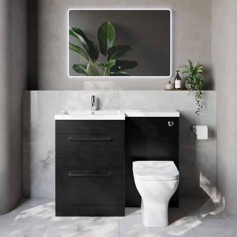 Napoli 460 Nero Oak 1100mm 2 Drawer Vanity Unit Toilet Suite with Left Hand Square Lucia Basin - 1100mm - Chrome 320mm HandleWith Kingston Toilet Pan and Seat
