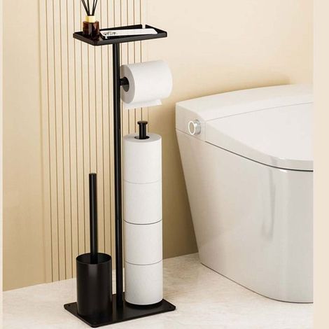 Serviteur WC,Acier Inoxydable Porte-Papier Toilette sur Pied avec Brosse et Etagere, Support Papier Toilette sans Percage (1/4)