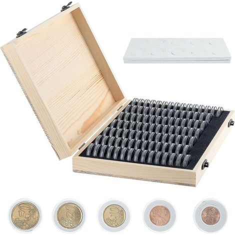 – Münzaufbewahrungsbox aus Holz – Fassungsvermögen: 100 Kapseln – Schutz vor Feuchtigkeit und Staub – Abmessungen: 285 x 195 x 45 mm (1/5)