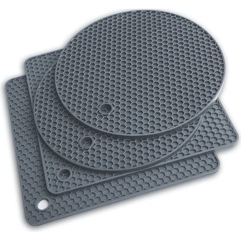 Ensemble d'accessoires de cuisine en silicone Q's INN comprenant 4 pièces : manique, protège-table et plan de travail, égouttoir à vaisselle et gants isolants thermiques 225 °C, couleur grise (1/5)
