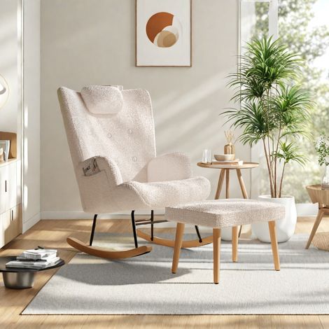 fauteuil à bascule avec repose-pieds, fauteuil rocking chair avec ppui-tête, chaise à bascule rembourrée, avec pieds en bois massif,poche latérale, tissu velours teddy, blanc (1/5)