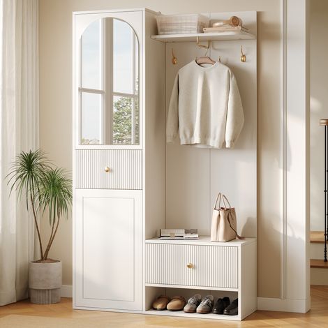 Meuble d’entrée à façades rainurées, rangement à chaussures, tiroirs, portes, miroir arqué, étagère murale, patères dorées, MDF - Blanc (1/5)