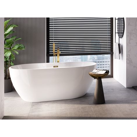 Baignoire îlot blanc brillant avec bonde dorée NAVIA 150x80 (1/4)