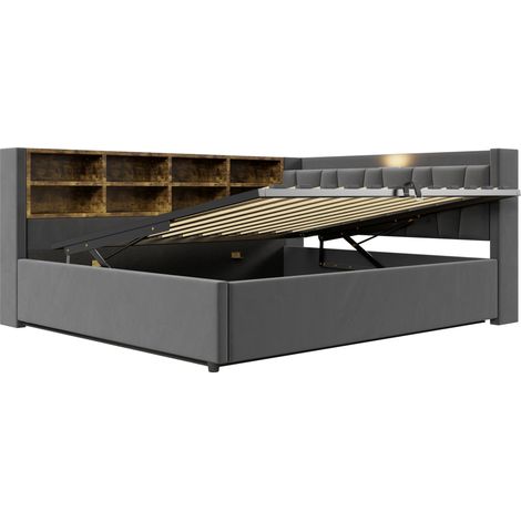 Letto imbottito 140x200 cm in velluto grigio scuro con contenitore, luce notturna e USB-C (1/5)