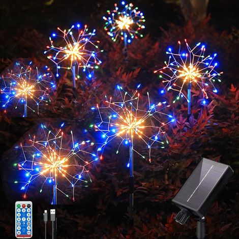 6 Pack 900 LED extérieur sol solaire inséré feux d'artifice colorés avec télécommande, Lumières de cour étanches solaires et USB, lumière de bricolage 8 modes. (1/5)