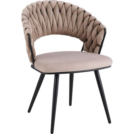 Lot 2 Chaises Salle à Manger Velours Taupe Dossier Tressé Métal Noir CAROLINA (1/5)