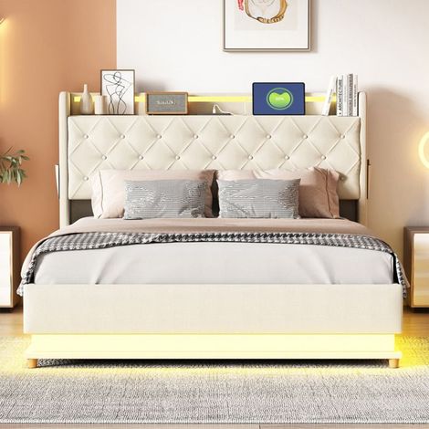 Bett 140x190 cm - NEXU - Integrierte LED - Stauraum Truhe - 2 Plätze - Beige