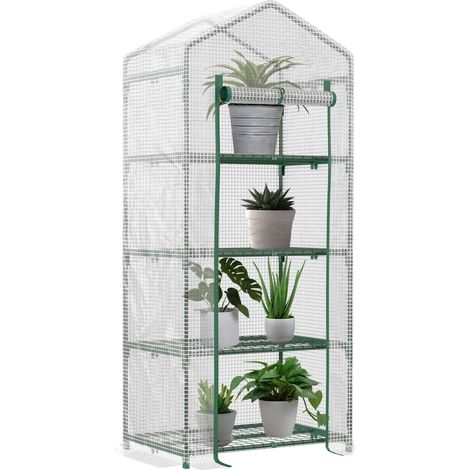 Serre de jardin PE avec étagères 4 niveaux, serre de balcon, bâche renforcée 140 /m², châssis en acier, porte zippée enroulable, pour légumes plantes, intérieur extérieur, 70x50x160cm, blanc