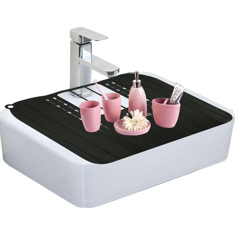 Tapis d'Évier de Salle de Bain, Pliable Tapis Evier Silicone Tapis de Comptoir d'Évier Peu Encombrant Tapis d'Évier de Maquillage Enroulable pour Espace & d'Économie de Stockage (Noir) (1/5)