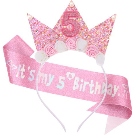 Décorations d'anniversaire, serre-tête pour fille avec couronne de princesse fleurie et paillettes roses, écharpe d'anniversaire pour fille, cadeau (1/5)