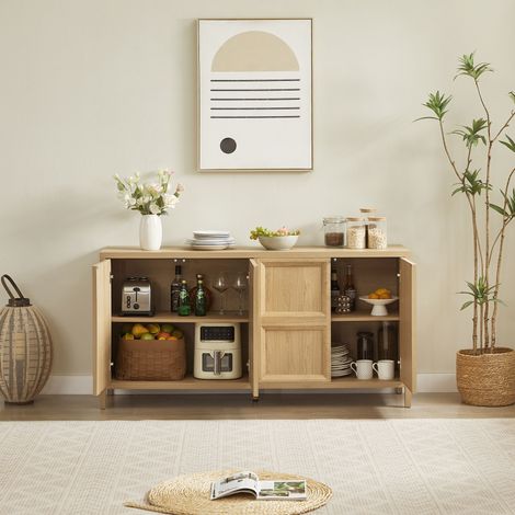 Meuble TV moderne avec rangement, armoire à tiroirs pour chambre, ouverture push-lock, charnières amorties, fixation murale anti-bascule, 160x40x80 cm, finition chêne clair (1/5)