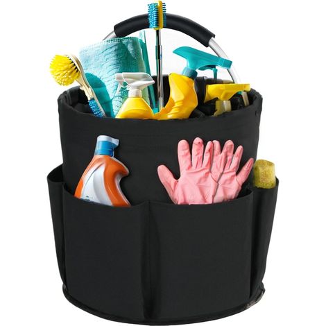 Foldable cleaning tool bag, storage tool bag with handle and 6 pockets, multifunctional gardening storage basket tool bag, 600D Oxford fabric, black (1/5)