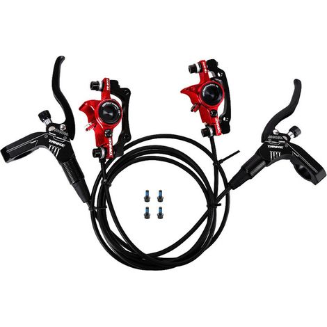 Freins à disque hydrauliques de vélo Ensemble d'étriers avant arrière pour VTT VTT Kit de levier de frein gauche droite avec rotor à disque de 160 mm (rouge, avant gauche et arrière droit) (1/5)
