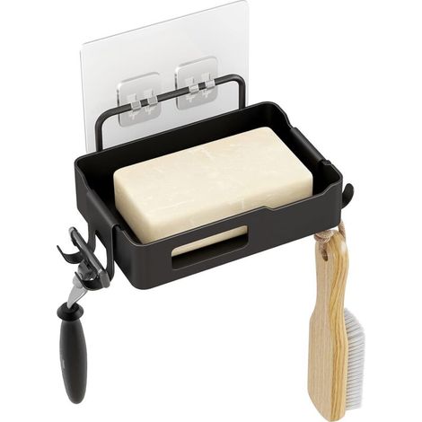 Wall Mounted Stainless Steel Soap Dish for Shower, Bathroom, Kitchen, Countertop, Creative Soap Dish with Convenient Hooks (Black)