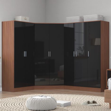 Reflect 4pc Wardrobe Bundle - 2 Door Corner + 3 Door Plain + 2 Door Plain - Black Gloss & Walnut (1/5)