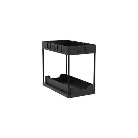 Organizador de cocina de 2 niveles para debajo del fregadero, organizador extraíble, estante de almacenamiento para debajo del fregadero con 16 ganchos, negro, paquete de 2 - Crezuo