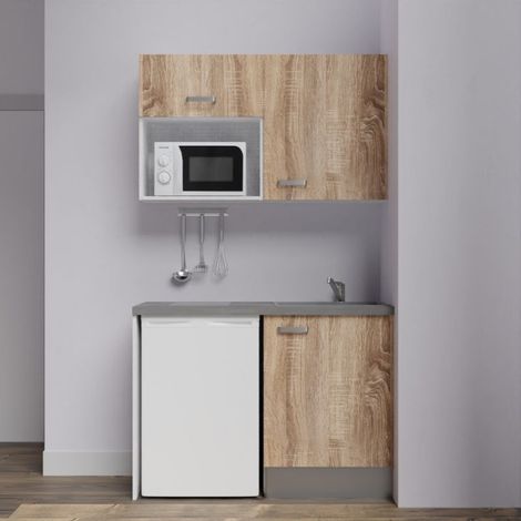 Kitchenette K07L-PT - 120 cm avec plan de travail et évier, emplacements frigo et micro-ondes - Façade Bois - Plan Gris béton - Evier Inox - Crédences Non (1/4)