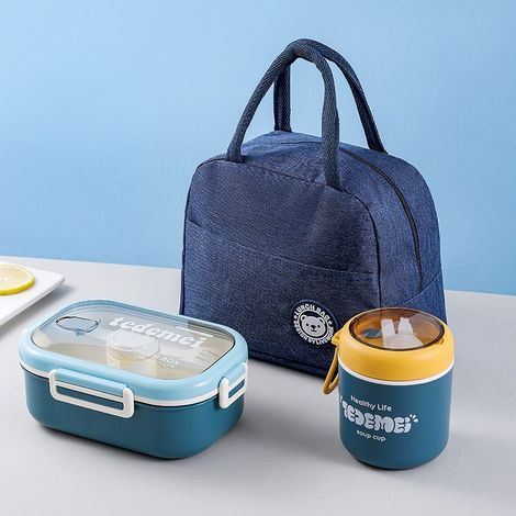 Boîte à lunch - 1100 ml + 1 bol à soupe - Sac isotherme - Élégante - Boîte bento compartimentée - Bleue (1/4)