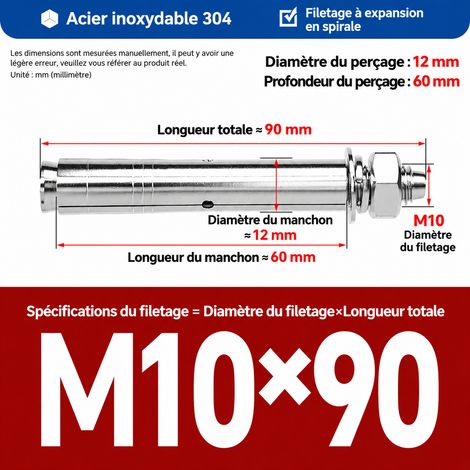 Goujon d'ancrage M10x90 mm acier inoxydable 304 perçage 12 mm lot de 5 pièces m10 90 5 pièces 1 kg – Livraison gratuite