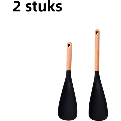 Lot de 2 cuillères de cuisine en silicone revêtement antiadhésif manche en bois grande et petite taille idéales pour remuer prélever et racler couleur noire (1/5)