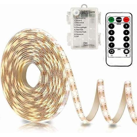 Guirlande lumineuse LED 3 m à piles avec télécommande, 90 LED, étanche, 8 modes, intensité réglable, minuterie, autocollante, découpable (blanc chaud) (1/5)