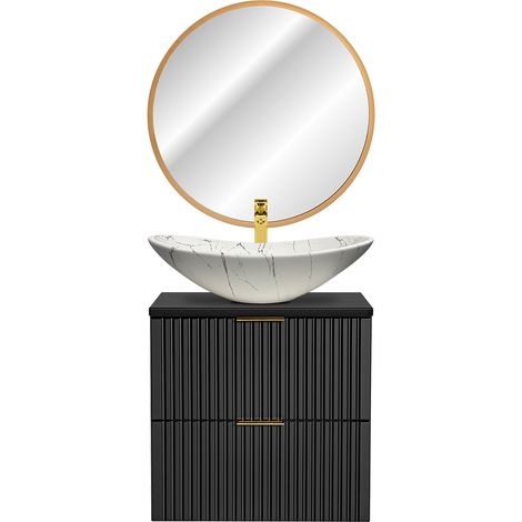 Waschplatz Set mit marmoriertem Keramik-Aufsatzbecken und LED-Spiegel, matt schwarz mit gerillter Front ADELAIDE-56-BLACK, B/H/T ca. 61,5/200/46,5 cm (1/5)