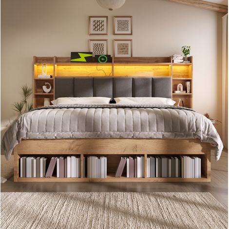 lit adulte rangement 160x200 bois LED mobile USB grand OKMYHOME (1/5)
