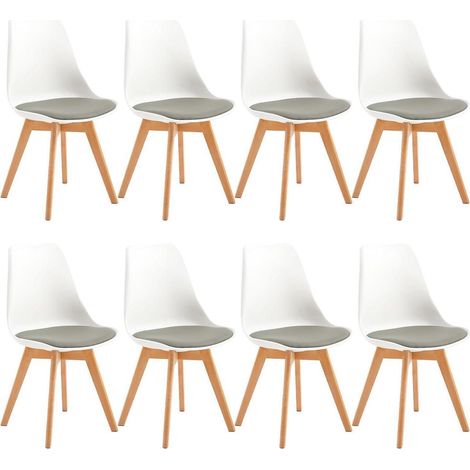 8er Set Esszimmerstühle mit Massivholzbeinen, skandinavisches Design, PU-Leder, Weiß & Grau (1/5)