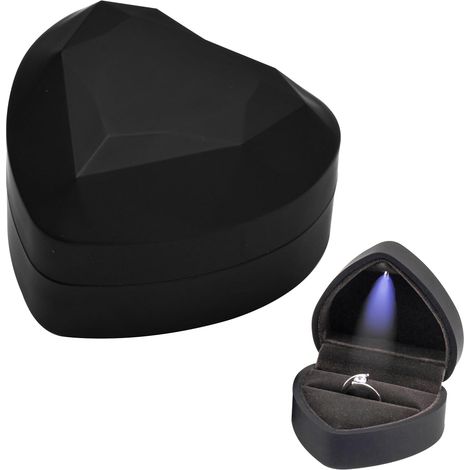 Ringbox aus Samt, Ringbox mit LED-Beleuchtung, herzförmiges Ringkästchen, Schmuckaufbewahrungsbox, Geschenkbox für Ringe für Hochzeit, Verlobung, Zeremonie, 70 x 65 x 45 mm (Schwarz) (1/5)