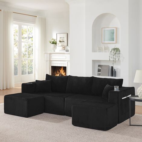 Sofá de esquina modular 3 plazas 230 x 138 x 75 cm, tela tipo cordón negra OKMYHOME (1/5)