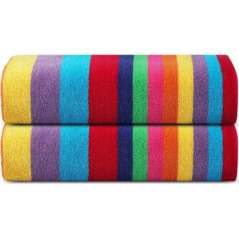 Serviettes de Plage pour Adultes Lot de 2, Miami Vibe Multi Cabana Stripe Classic, Serviette de Piscine 100% Coton éponge Ringspun (1/5)