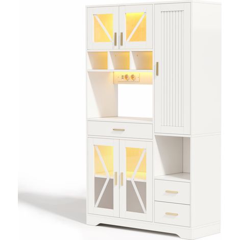 Hoher Küchenschrank im Scheunentorstil, weiß, MDF, 105x40x185 cm, mit LED und Steckdosen (1/5)
