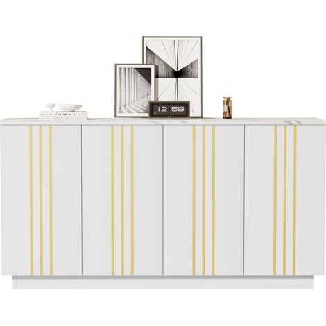 Aparador 140x70x35 cm blanco y dorado en tablero de partículas con 4 puertas y almacenaje (1/5)