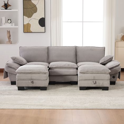 Sofá modular de 3 plazas con 2 taburetes de almacenaje, USB-C, pana gris claro OKMYHOME (1/5)