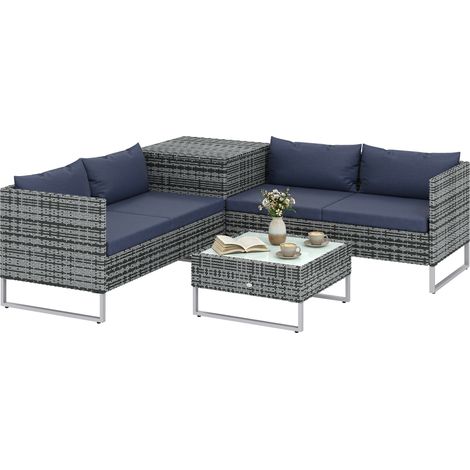Outsunny Rattan Garden Furniture Set with Storage Table, Cushions Dark Blue