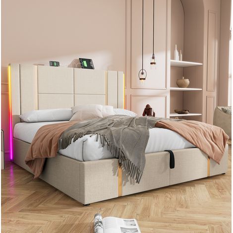 Cama tapizada moderna 140x200 cm de lino beige con cabecero USB/Type-C, LED RGB y arcón (1/5)