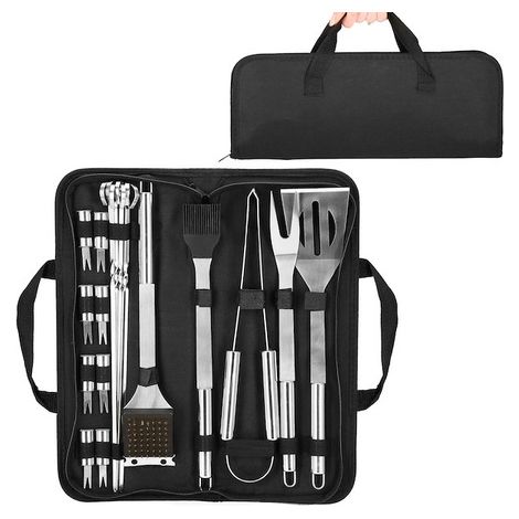 Grillzubehör-Set mit 20 Edelstahlutensilien, Grillbesteck und Etui.